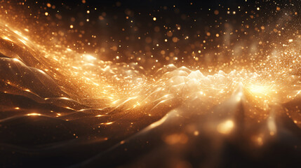 Dark abstract background with golden waves and particles