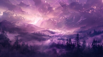 A surreal and dreamlike landscape wallpaper, bathed in mesmerizing purple tones, evoking a sense of mystical tranquility