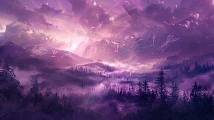 Deurstickers A surreal and dreamlike landscape wallpaper, bathed in mesmerizing purple tones, evoking a sense of mystical tranquility © Chingiz