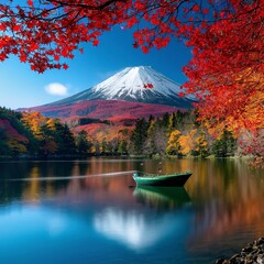 Beautiful landscape of mountain fuji with boat and maple leaf tree around lake in autumn season Yamanashi Japan - obrazy, fototapety, plakaty