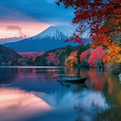 Beautiful landscape of mountain fuji with boat and maple leaf tree around lake in autumn season Yamanashi Japan