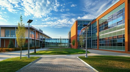 A contemporary corporate building with modern architectural design, serving as a versatile facility for universities, schools, and businesses alike