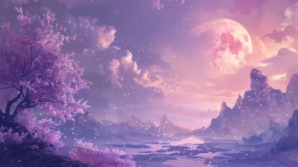 Schilderijen op glas A surreal and dreamlike landscape wallpaper, bathed in mesmerizing purple tones, evoking a sense of mystical tranquility © Chingiz