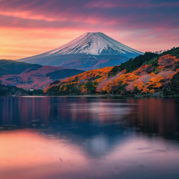 Beautiful landscape of fuji mountain in yamanakako or yamanaka lake in autumn season Japan