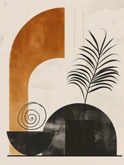 Modern abstract graphic art with plant and spiral on earth-toned geometric shapes