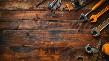 A collection of vintage tools laid out on an aged wooden surface - obrazy, fototapety, plakaty