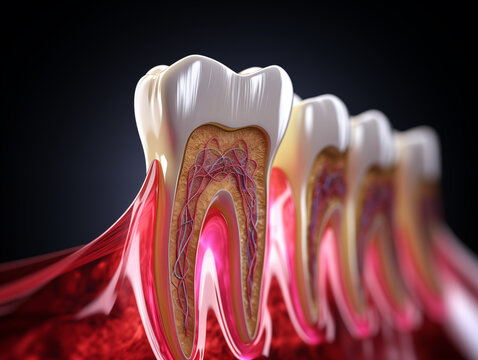 Teeth in gums with tooth anatomy detailed view. Shallow depth of field. New technologies in dentistry concept.