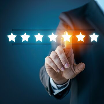 businessman hand touching on virtual slide bar to choose rating or satisfy to be given stars