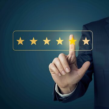 businessman hand touching on virtual slide bar to choose rating or satisfy to be given stars