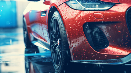 Close up view of luxury sports car wash with fresh water - obrazy, fototapety, plakaty