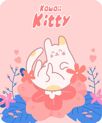 Kawaii Cats vector illustration  Smiling Kitty, cute and round-faced cat