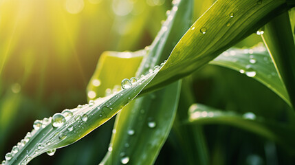 Closeup Of Dewdrops Glistening On Tender Corn Leaves 