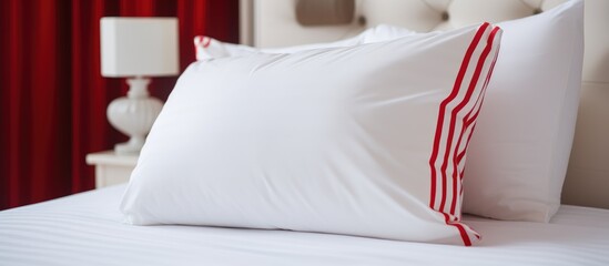 Close-up view of a bed with crisp white sheets and plush pillows. The white bedsheet contrasts with the vibrant red pillow, showcasing a beautiful interior bedroom setting in a hotel.
