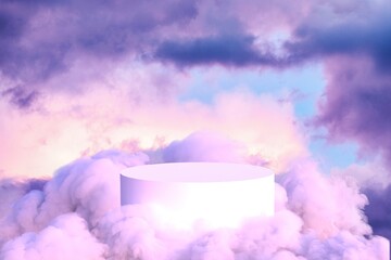 3d product sky platform displays cloud pastel scene render stand. pink, blue, and red sky clouds background white podium for product showcase. podium stage minimal abstract background beauty dreamy.