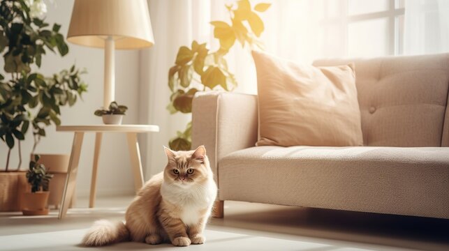 Cute kitten sitting in the living room at home, sunny cozy room, photo