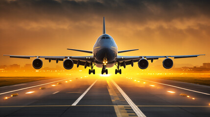 Commercial airline jumbo jet on runway taking off - obrazy, fototapety, plakaty