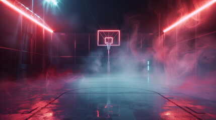 empty basketball court with fog and glowing purple blue neon lights