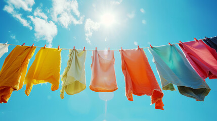 Bright colored clothes are drying on clothesline against the blue sunny sky. Laundry day concept. Generative AI