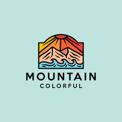 Mountain Logo Colorful Vector, Monoline High Peak Icon Symbol, Vacation Creative Vintage Graphic Design