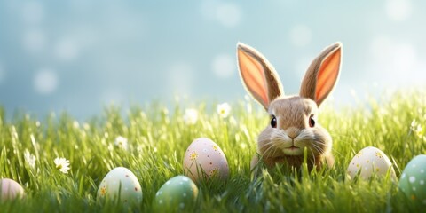 Easter bunny in green grass with painted eggs, sunny day, egg hunt, Happy Easter banner background - 754250754