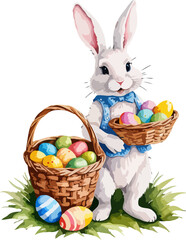 Easter bunny with wicker basket and easter eggs. Cartoon illustration. A vector in watercolor style
