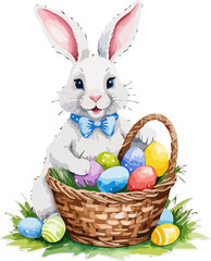 Easter bunny with wicker basket and easter eggs. Cartoon illustration. A vector in watercolor style