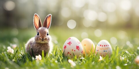 Easter bunny in green grass with painted eggs, sunny day, egg hunt, Happy Easter banner background - 754250906