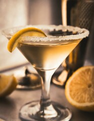 Vintage Glamour: Old Hollywood ambiance with a vintage-inspired martini, featuring classic ingredients like gin and vermouth, garnished with a twist of lemon and served in an antique crystal glass 