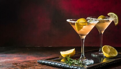 Vintage Glamour: Old Hollywood ambiance with a vintage-inspired martini, featuring classic ingredients like gin and vermouth, garnished with a twist of lemon and served in an antique crystal glass  - obrazy, fototapety, plakaty