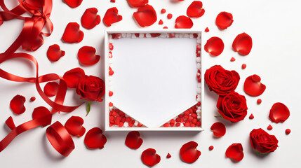 Creative frame of red roses gift box and hearts