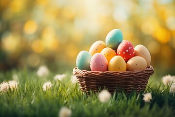 Easter wicker basket, colorful painted eggs in green grass, sunny day, egg hunt, banner background - 754251117