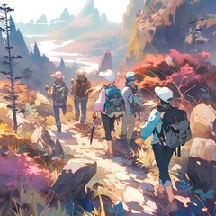 A group of hikers traveling a surreal landscape, generative ai.
