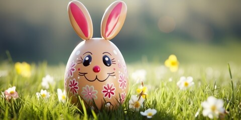 Easter bunny toy in green grass painted eggs, sunny day, egg hunt, Happy Easter banner background - 754251369