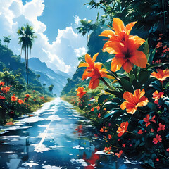 3D Tropical Flowers Background 