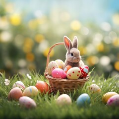 Easter bunny soft toy in green grass with painted eggs, sunny day, egg hunt banner background - 754251567