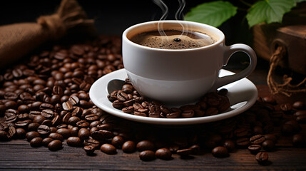 Cup of coffee with beans. .