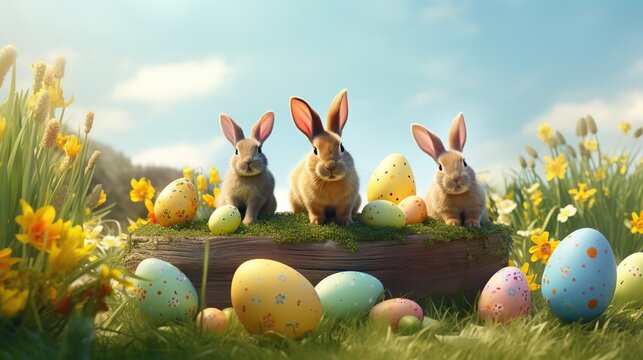 Cute Easter bunnies are sitting in the grass with colored eggs. Photo