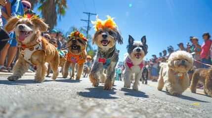 A whimsical outdoor pet parade with dogs wearing creative costumes, owners proudly walking...