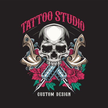 Vector Illustration of Skull, Roses and Tattoo Tools with Vintage Hand Drawing Style Available for Tshirt Design