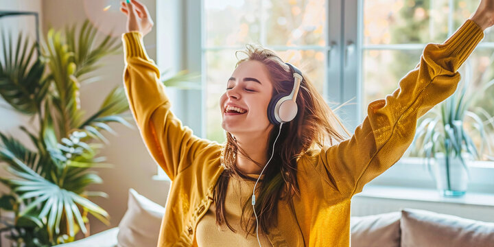 female afro american person listening to music with headphones having fun