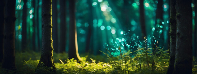 Teal green rays on a forest green backdrop with bokeh lights.