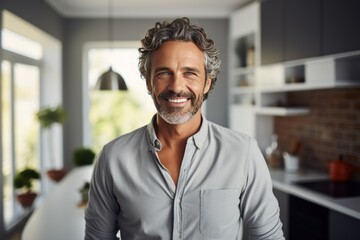 Handsome middle-aged man smiles in kitchen of his home, modern kitchen background, natural lighting - 754252703