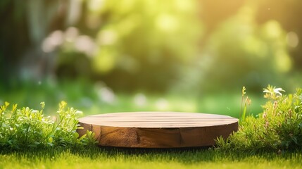 Beautiful round wooden podium, pedestal for an object on a background of lush green grass. Sunlight,