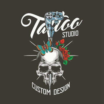 Vector Illustration of Skull, Roses and Tattoo Tools with Vintage Hand Drawing Style Available for Tshirt Design