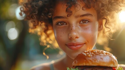 Naklejka premium A beautiful young girl with curly enjoying a vegan burger in an outdoor restaurant