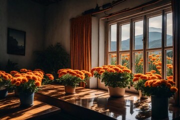 interior of a restaurant with flowers on window
