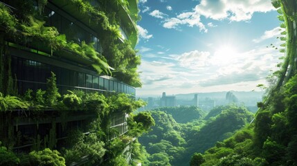 Eco city in greenery and plants. AI generative.