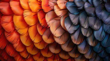 Neat rows of colorful feathers, seamlessly transitioning between different shades.