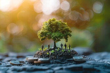 A photo of an eco-friendly business people, featuring a green tree and a growing coin