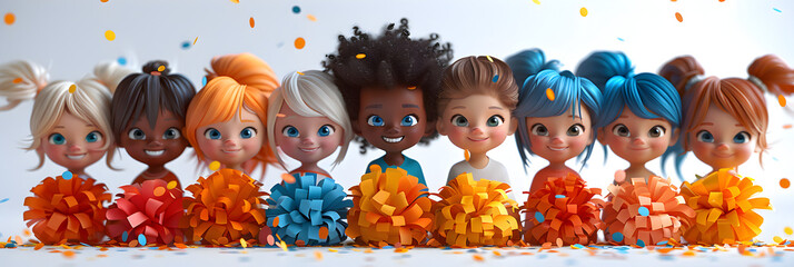 A 3D cartoon render featuring a group of smiling children holding pom poms. - obrazy, fototapety, plakaty
